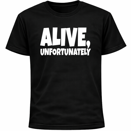 Alive Unfortunately T-Shirt Dark Humor Existential Awkward Quote Minimal Tee